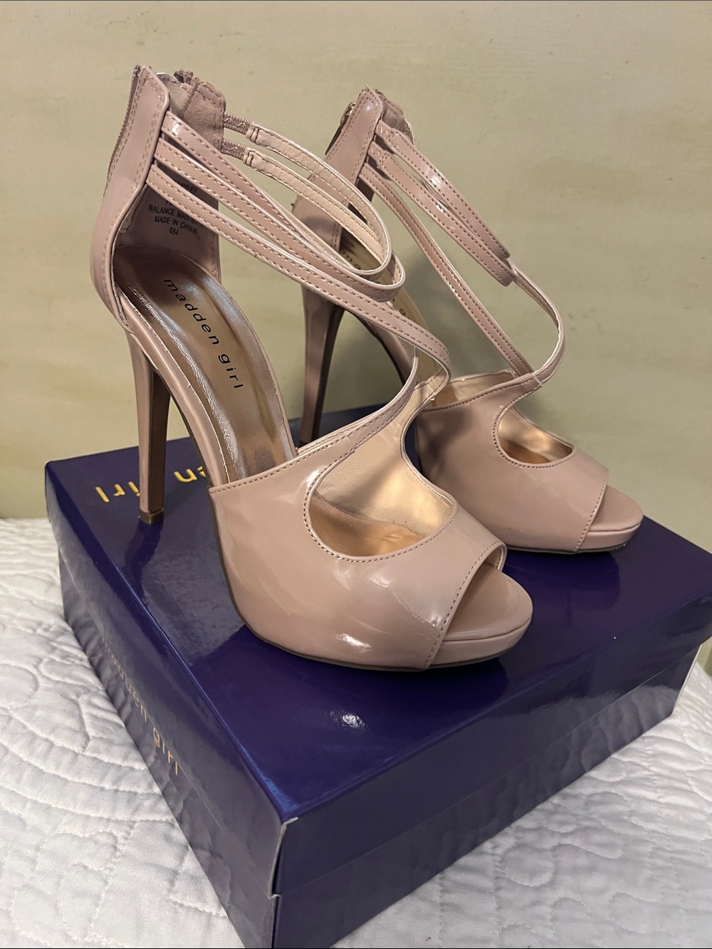 Madden Girl Nude Patent Strappy Peep-Toe Heels